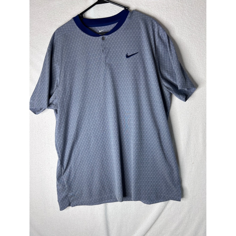 Nike Dri-FIT Golf Polo Mens XL Blue Diamond Print Henley Single Button Shirt